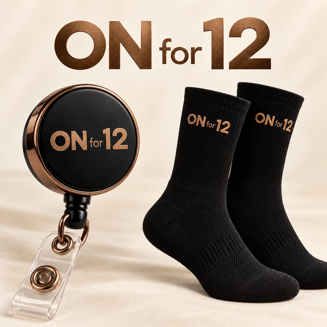 ON for 12 black + brown matching badge reel and sock design concept