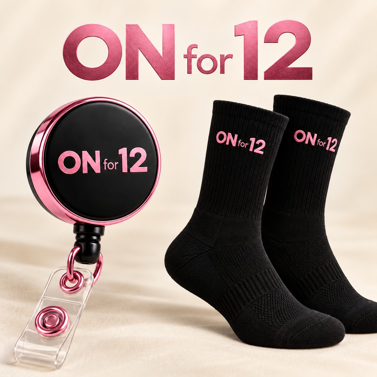 ON for 12 black + pink matching badge reel and sock design concept