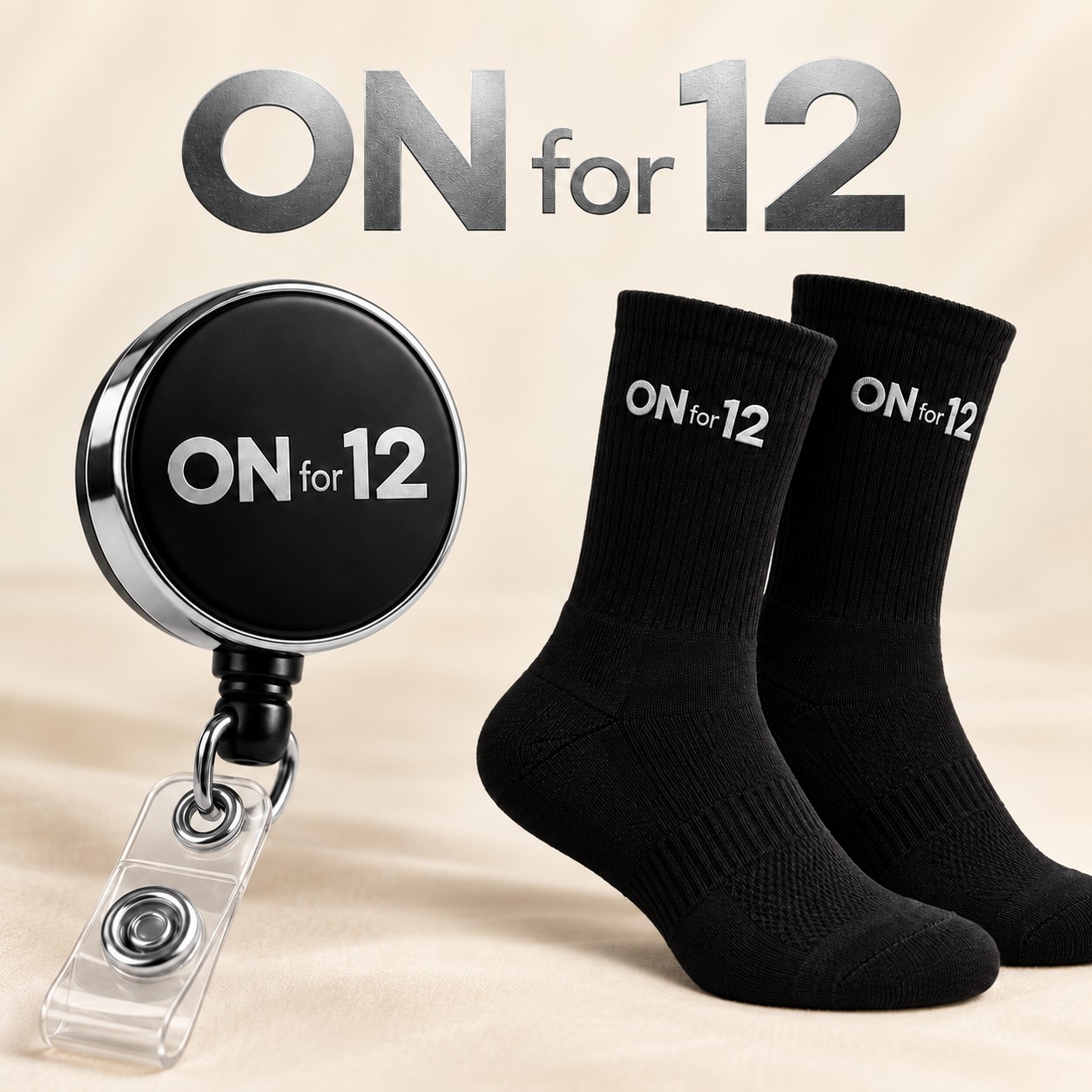 ON for 12 black + silver matching badge reel and sock design concept